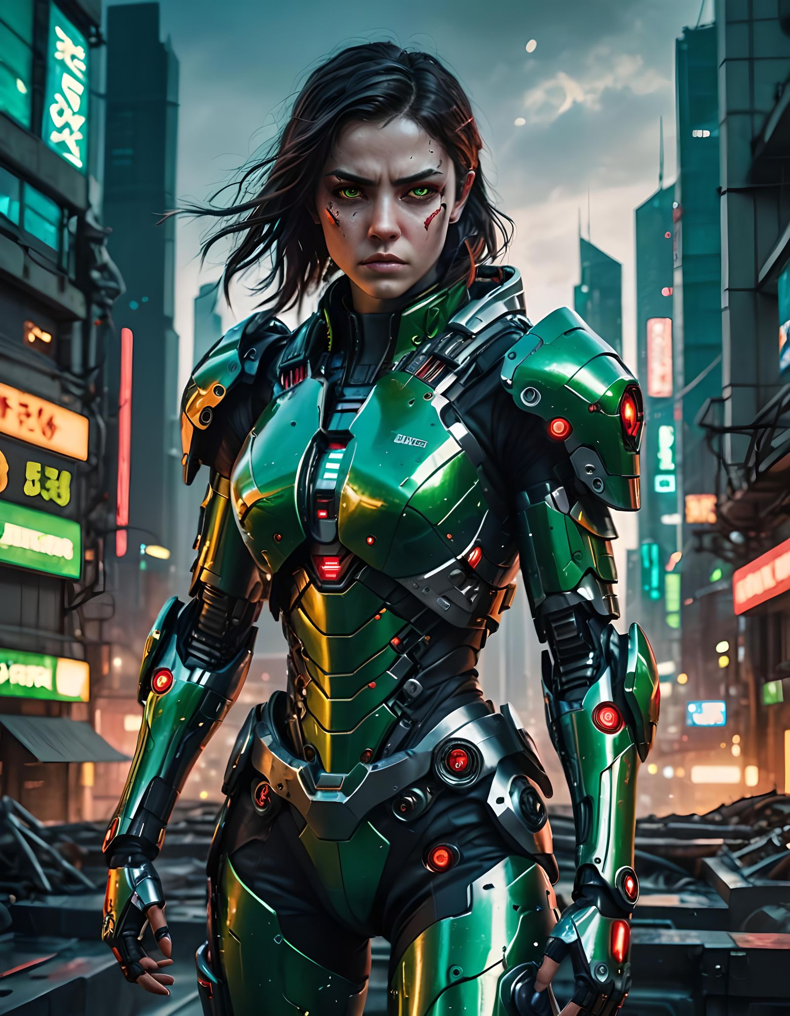Green-Eyed Cyborg Ready for Fight in Cyberpunk City