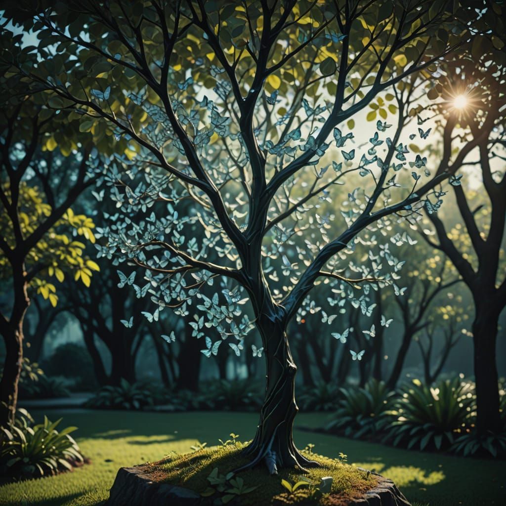 Crystal Glass Tree with Butterfly Leaves in Cinematic Style