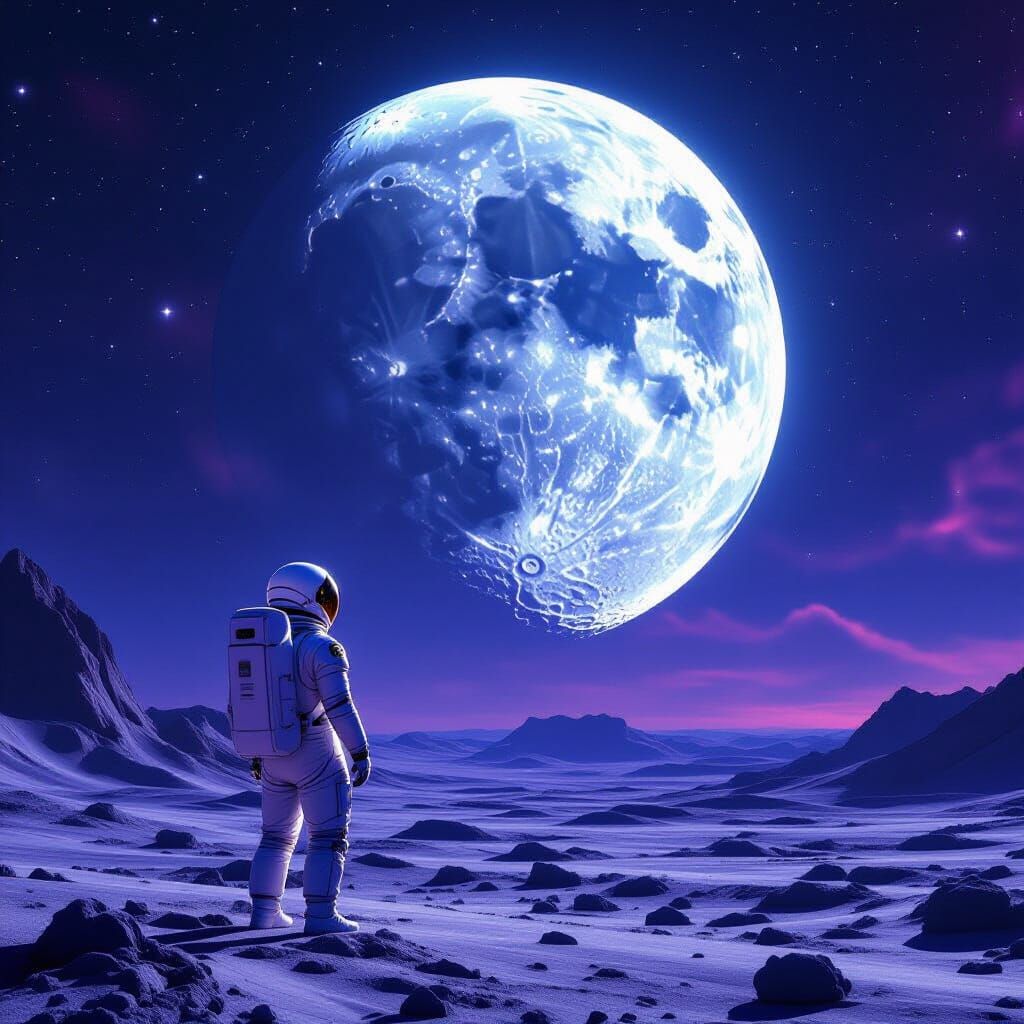 Astronaut Gazes at Giant Crystalline Moon on Alien Planet