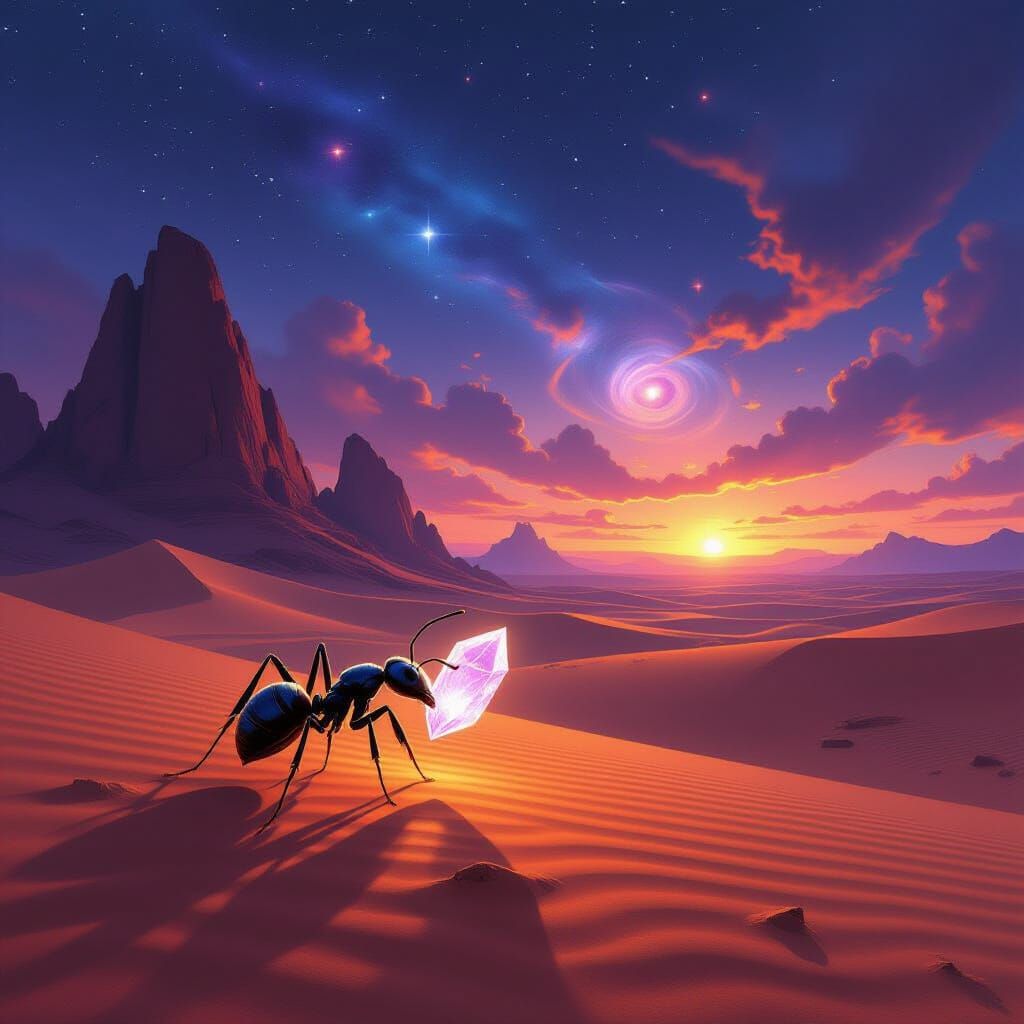 Ant Carrying Crystal in Alien Desert at Twilight