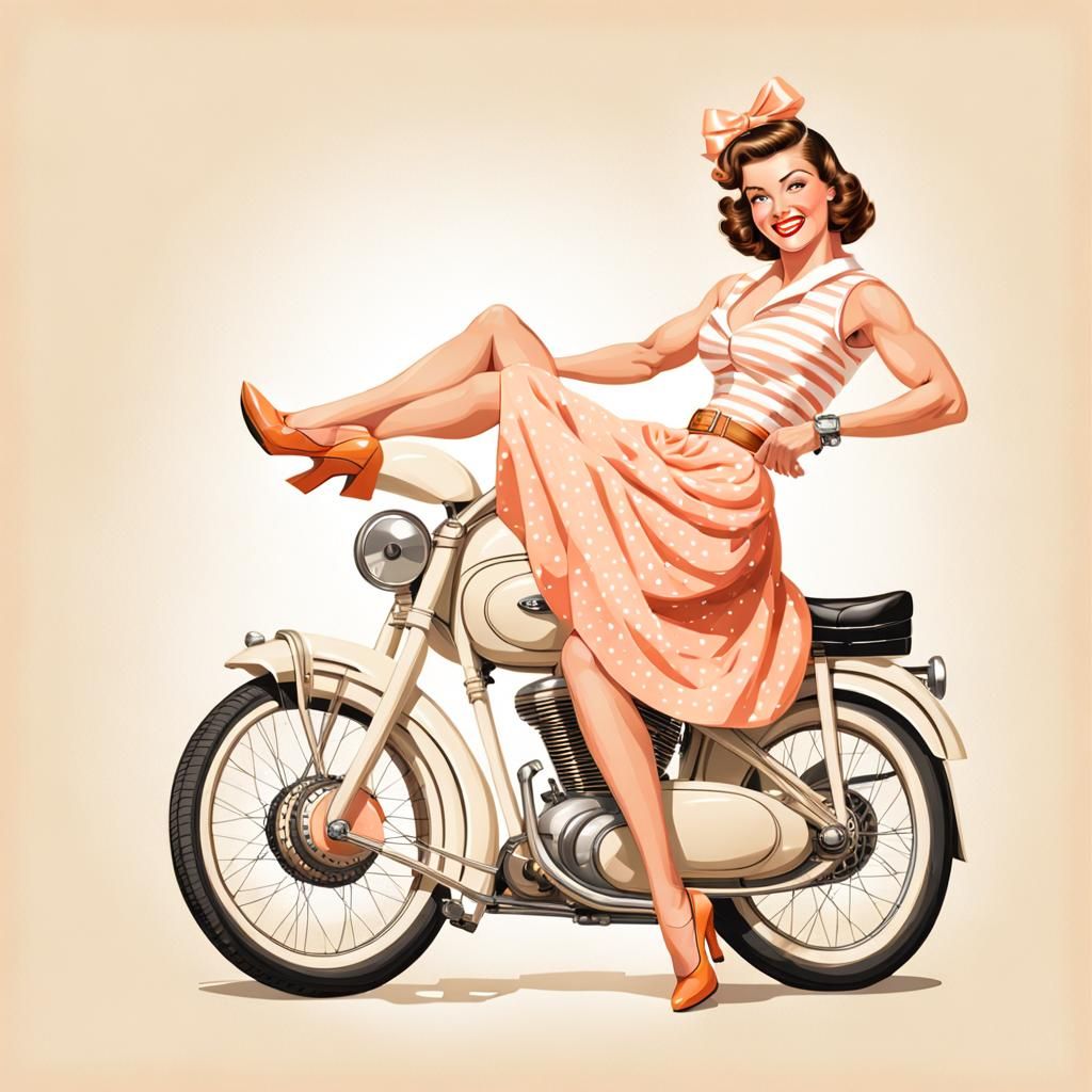 DALL E 3, 
vintage pinup girl wearing peach and white colors, full body, detailed, realistic, isolated on white backgrou...