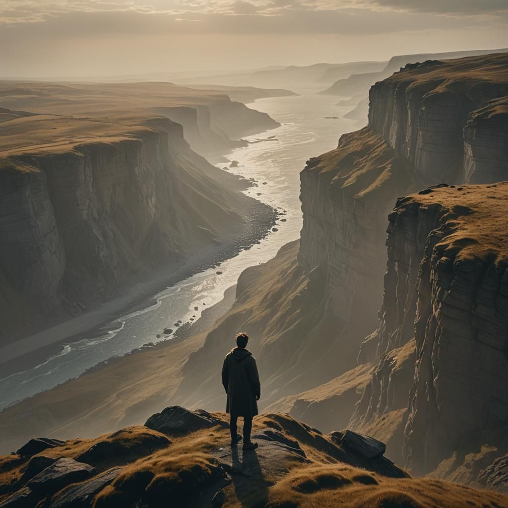 Dramatic Figure Overlooks Misty Golden Landscape