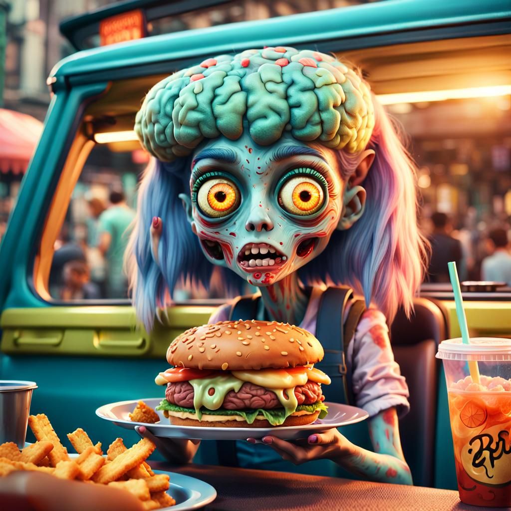 Cute Zombie Woman Eating Brain Burger, Digital Art