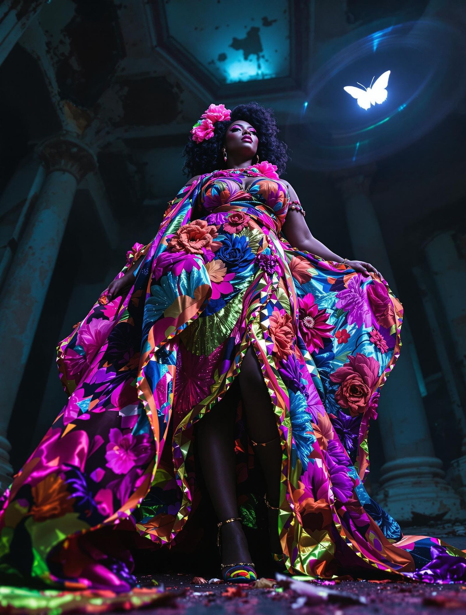 Empowered Maximalism in Neon Floral Velvet
