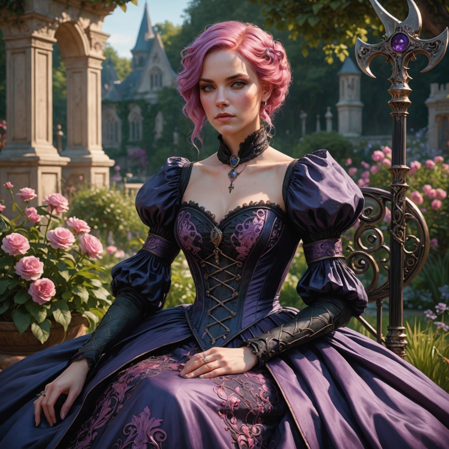 Gothic Queen in Garden with Scythe, Hyperdetailed Portrait