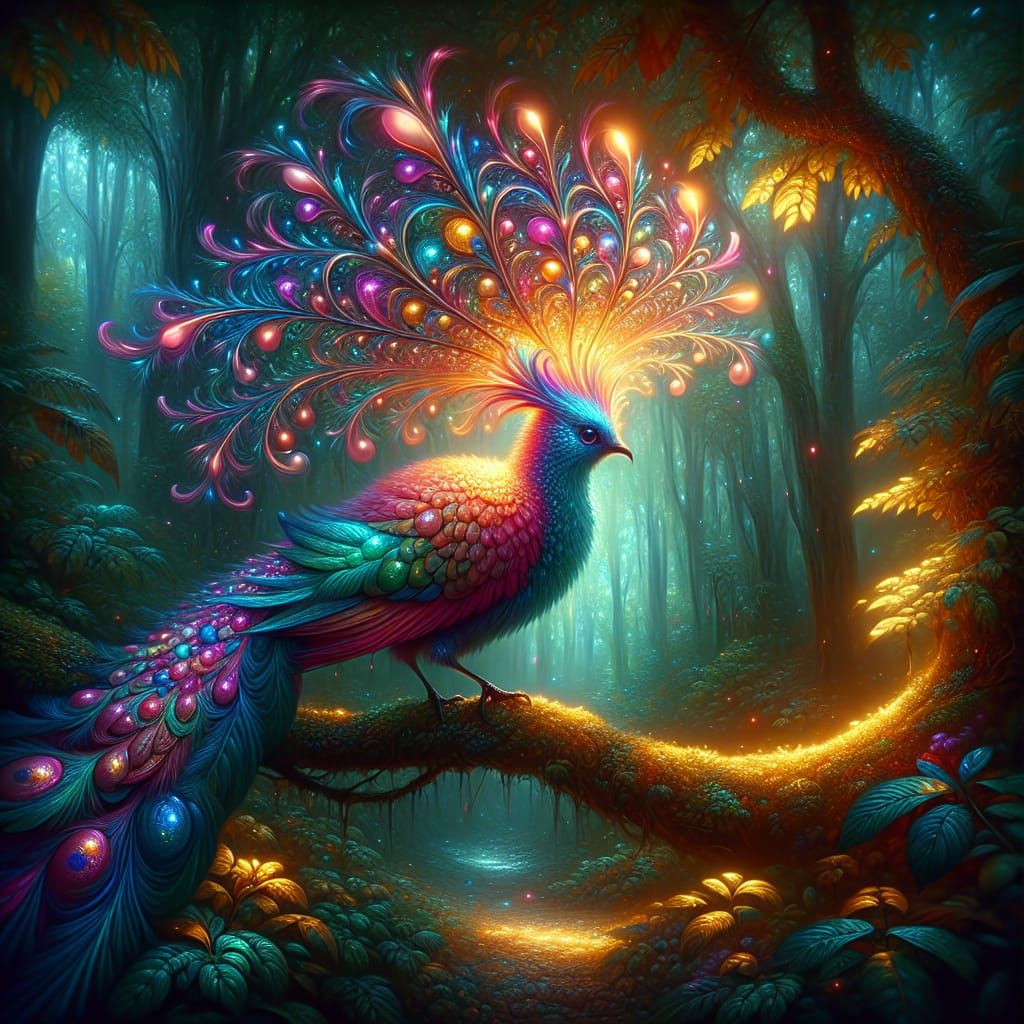 Jewelcrest Bird in Enchanted Forest, Painterly Style