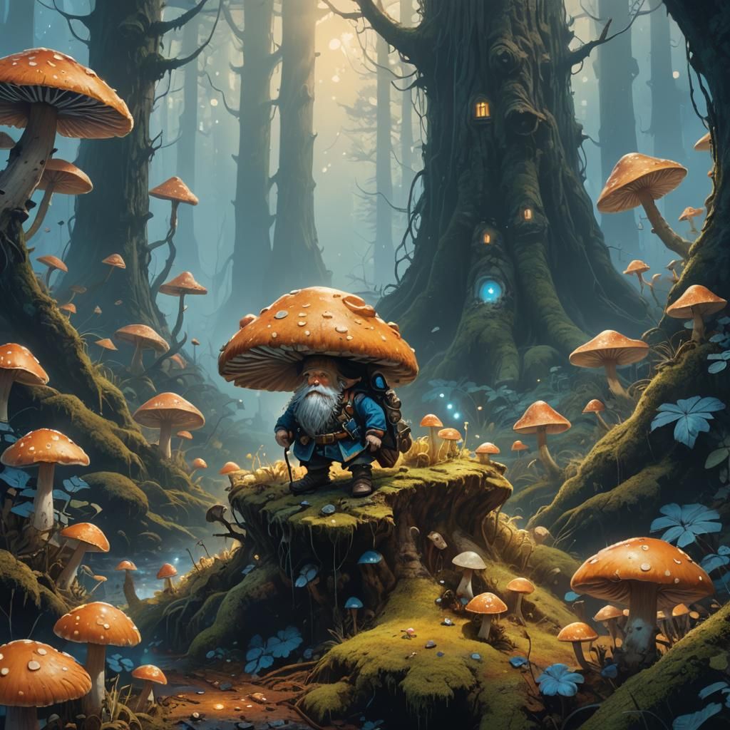 Micro Dwarf on Mushroom in Misty Forest