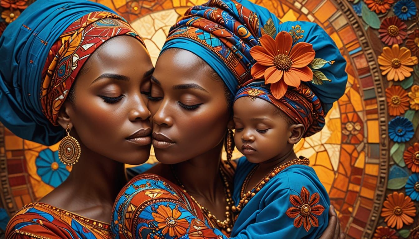African Mother and Child in Stained Glass Style