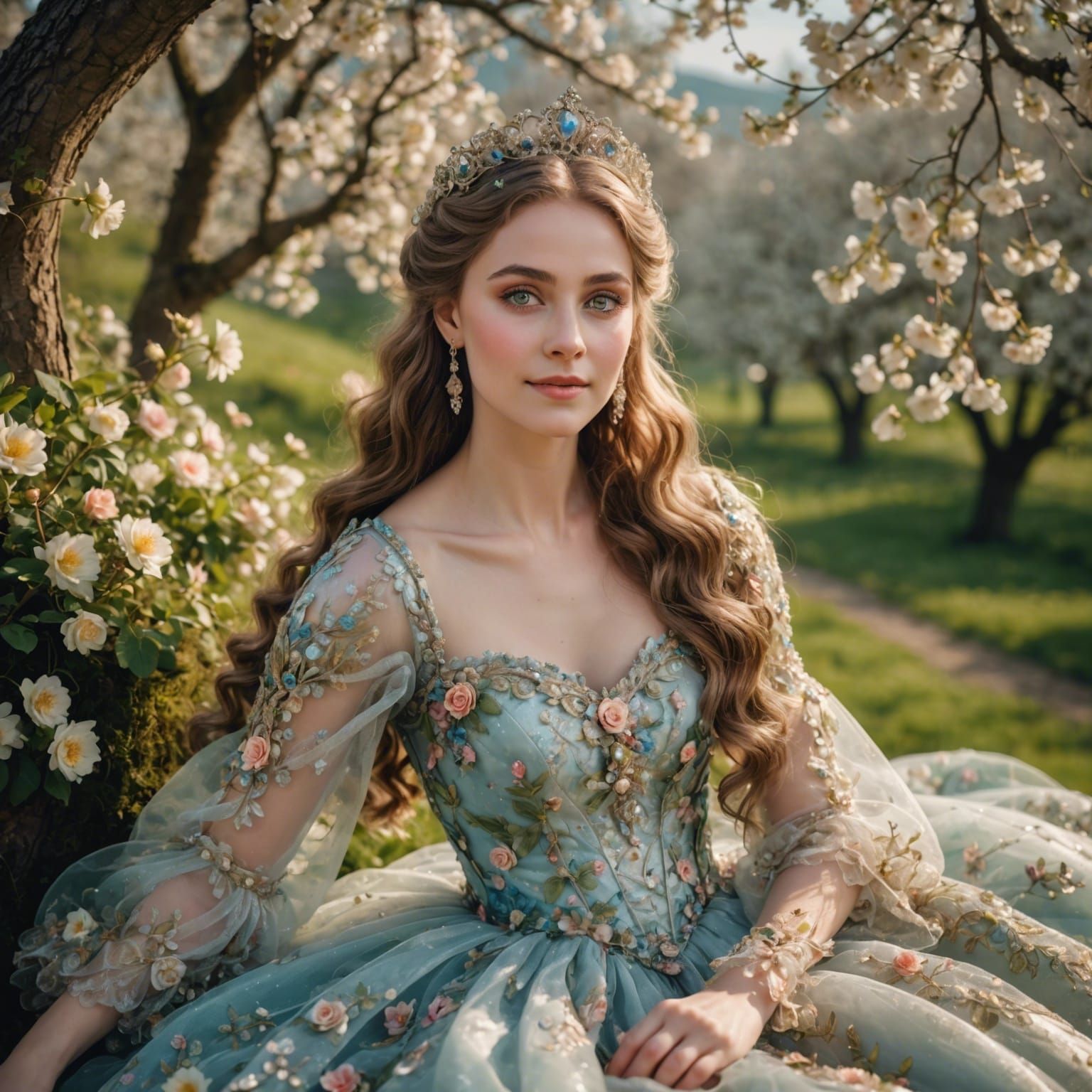 Whimsical Rococo Princess Overlooking Spring Trees