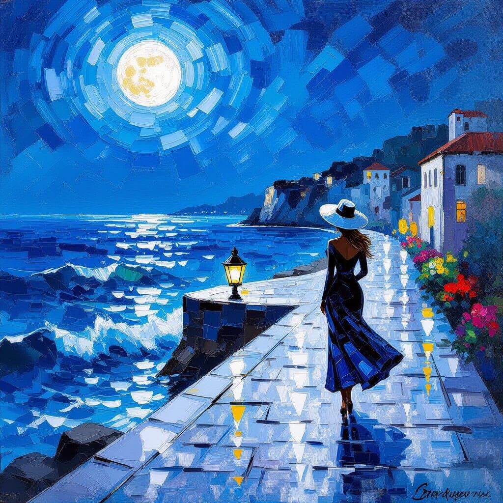Impressionist Moonlit Sea with Woman Silhouette