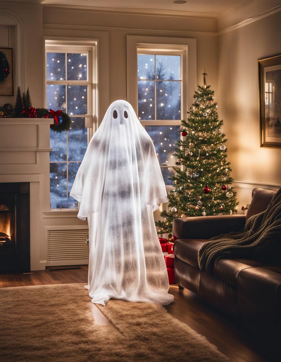 Ethereal Ghostly Figure by Christmas Tree