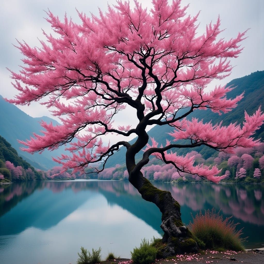 Ancient Sakura Tree in Japanese Landscape
