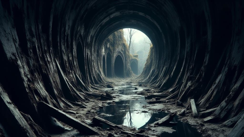 Abandoned Mine Tunnel in Dark Cyberpunk Aesthetic