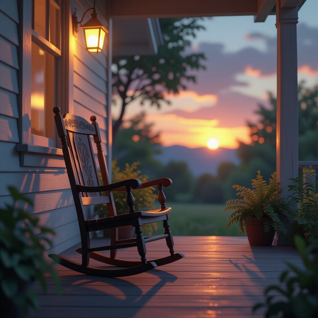 Solitary Carved Wooden Chair on Porch at Dusk