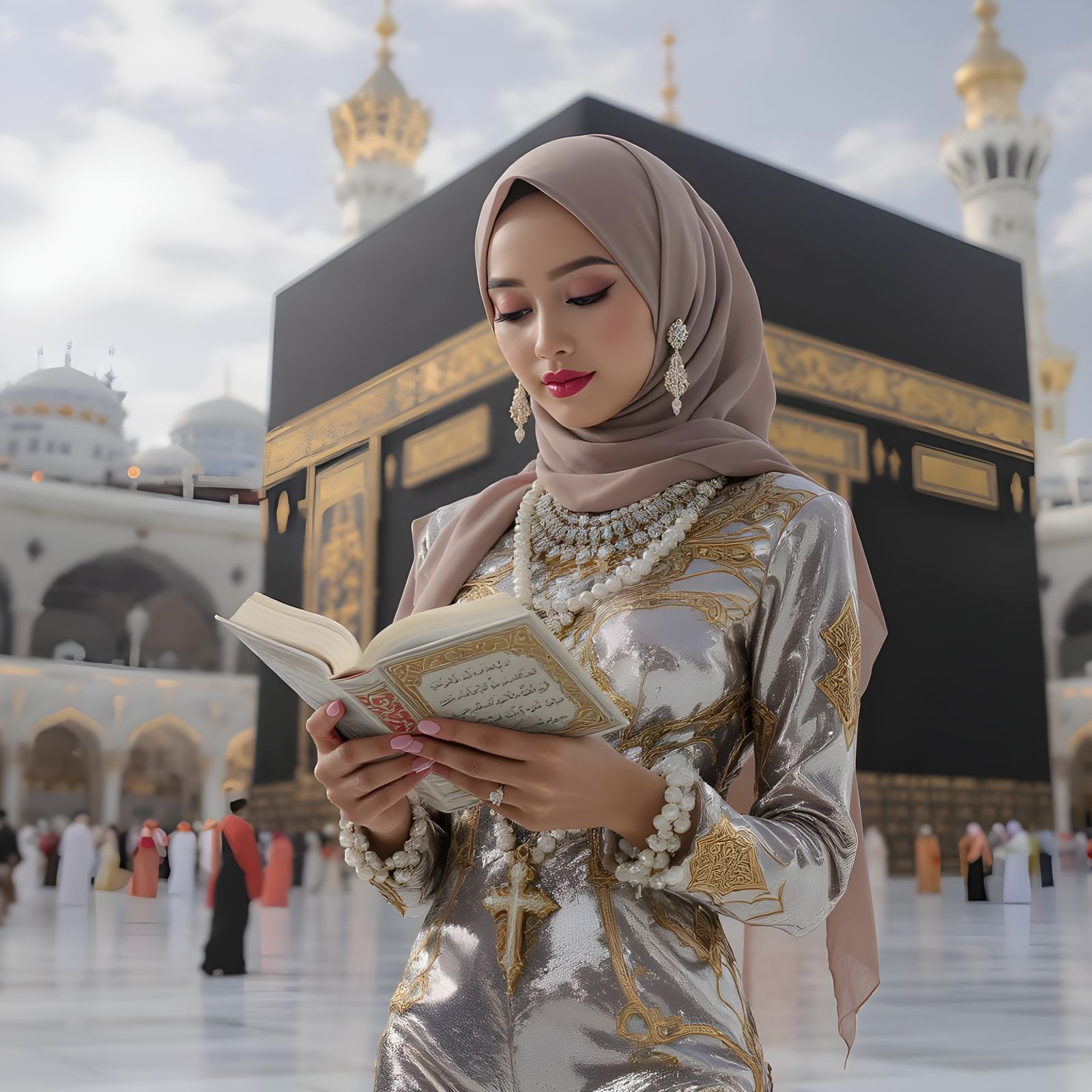 Woman in Hijab Reading Quran with Pearl Body Chain
