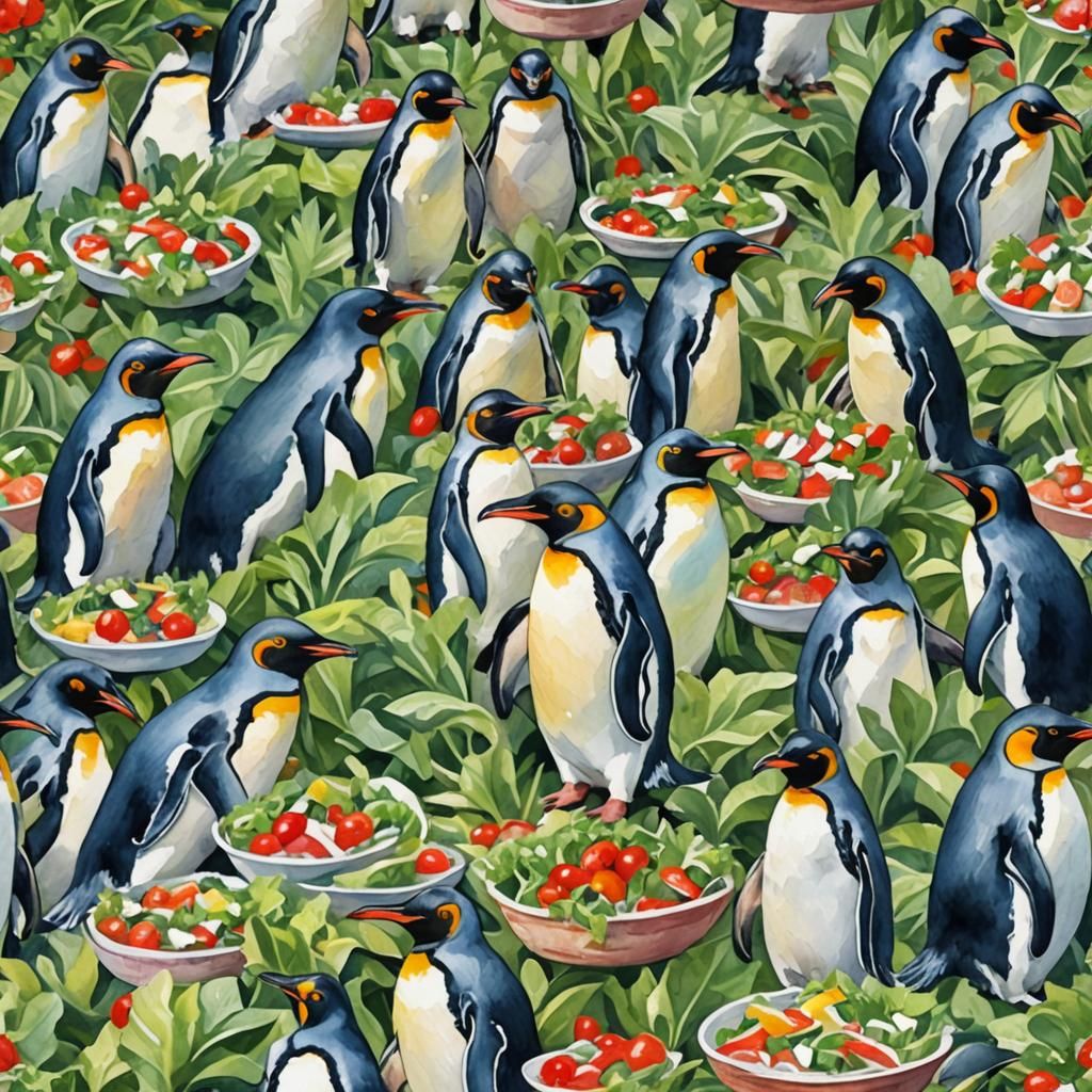 Penguins Eating Salad: Gouache Watercolor Impressionist Pain...