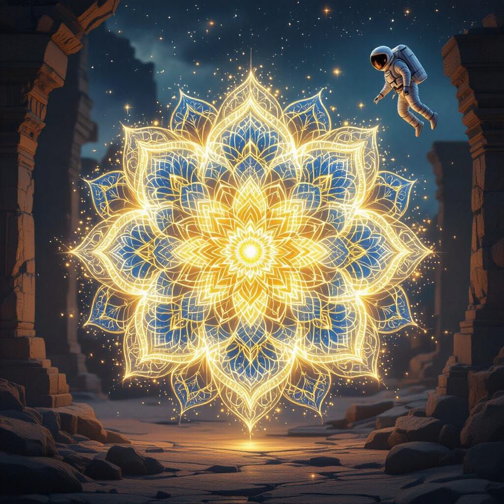Spiritual Mandala Flower with Astronaut Exploring Ruins