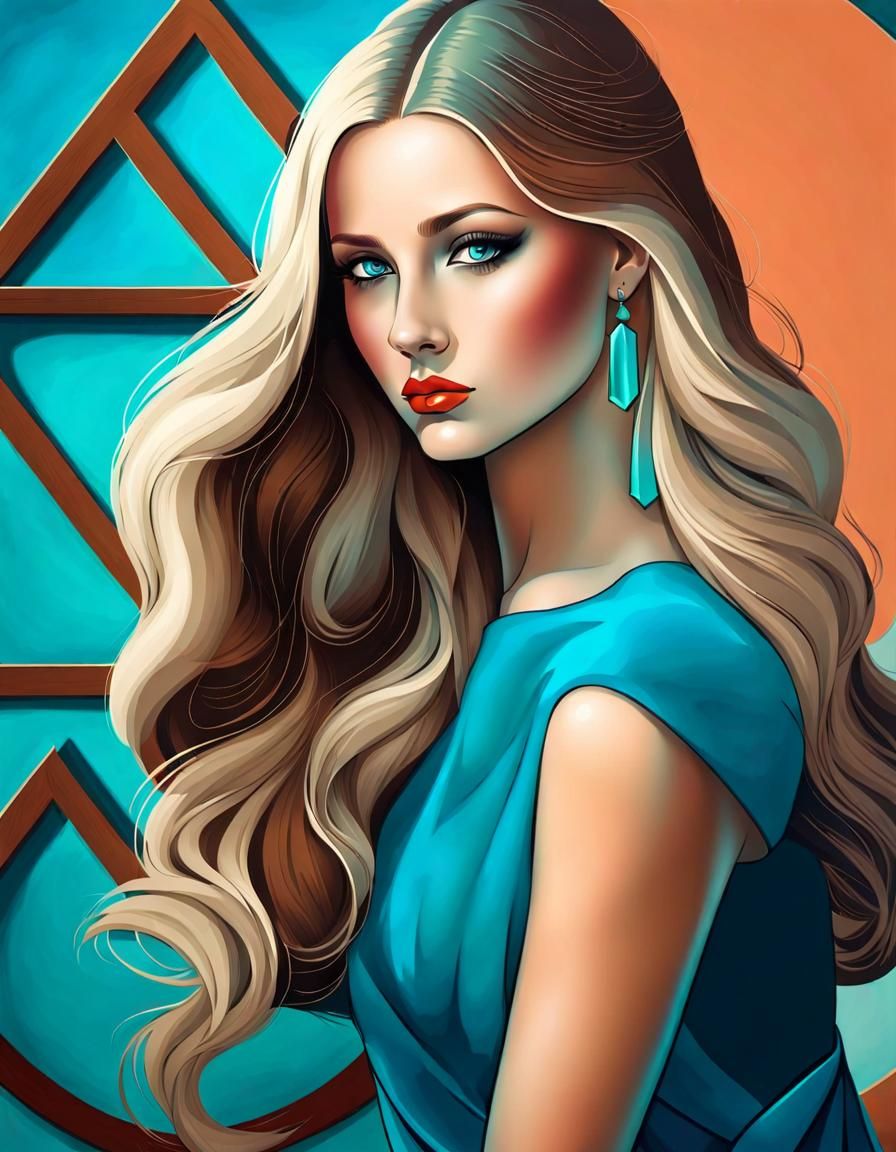 Art Deco Portrait of a Blonde Woman in Turquoise