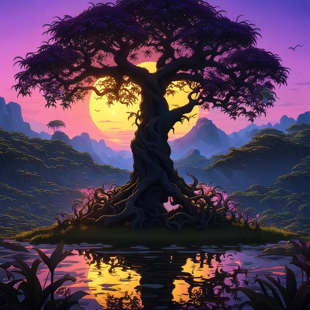 Stargazer Lily Tree Island Sunset: Dark Fantasy Art