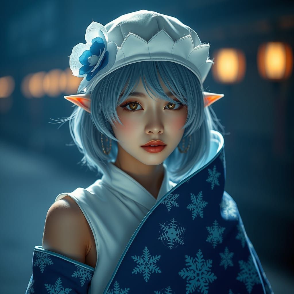 Ethereal Winter Goddess in Snowflake-Themed Elegance