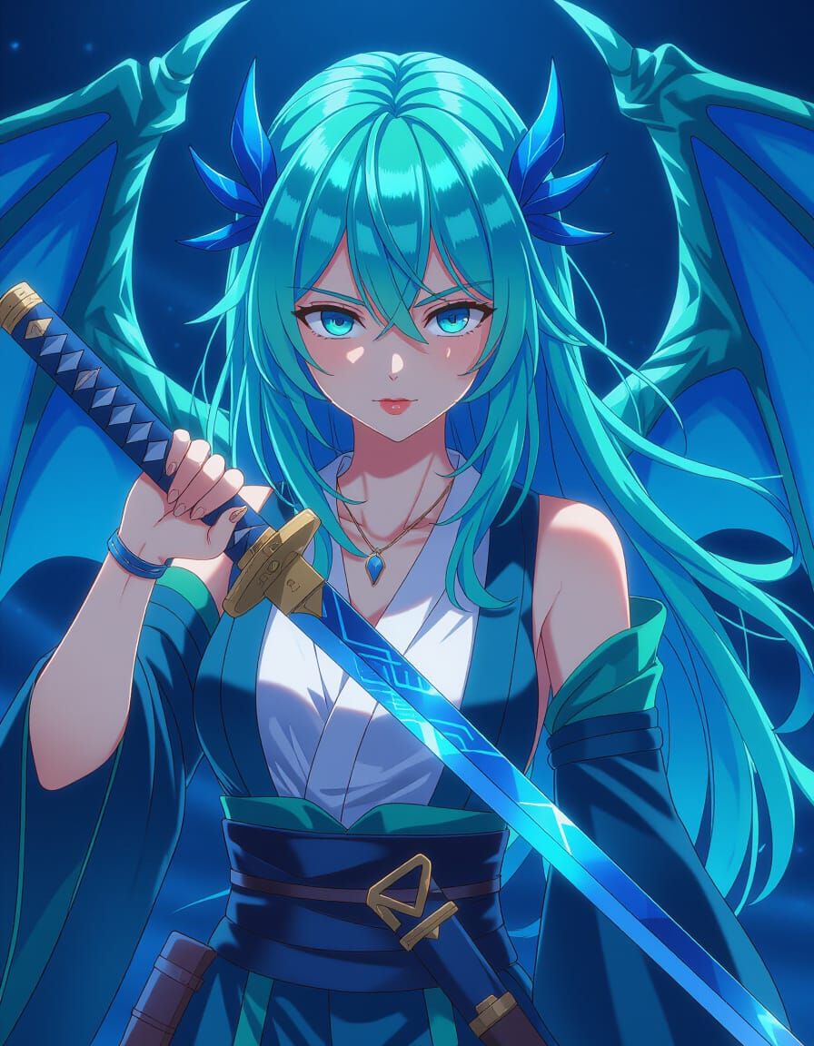 Anime Woman with Dragon Wings Holds Blue Katana