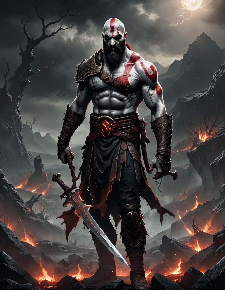 Kratos in Dimly Lit Hellish Landscape