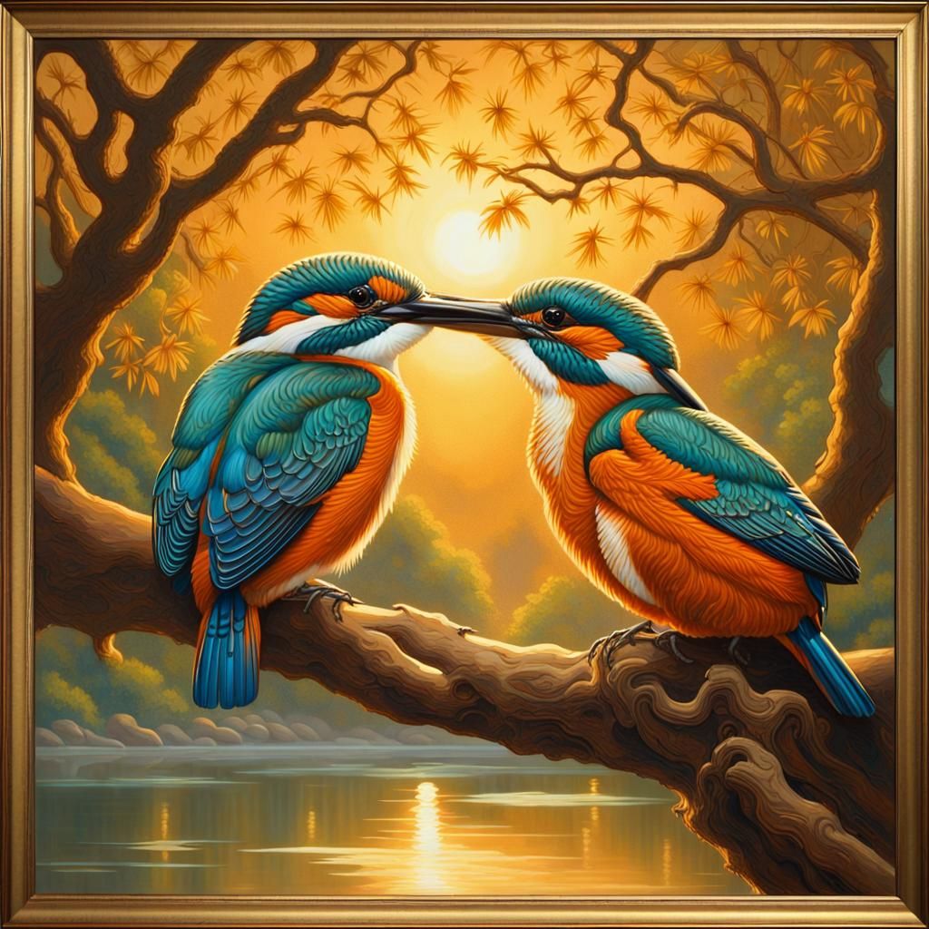Kingfishers on Branch with Dragonflies, Paint-on-Glass Style