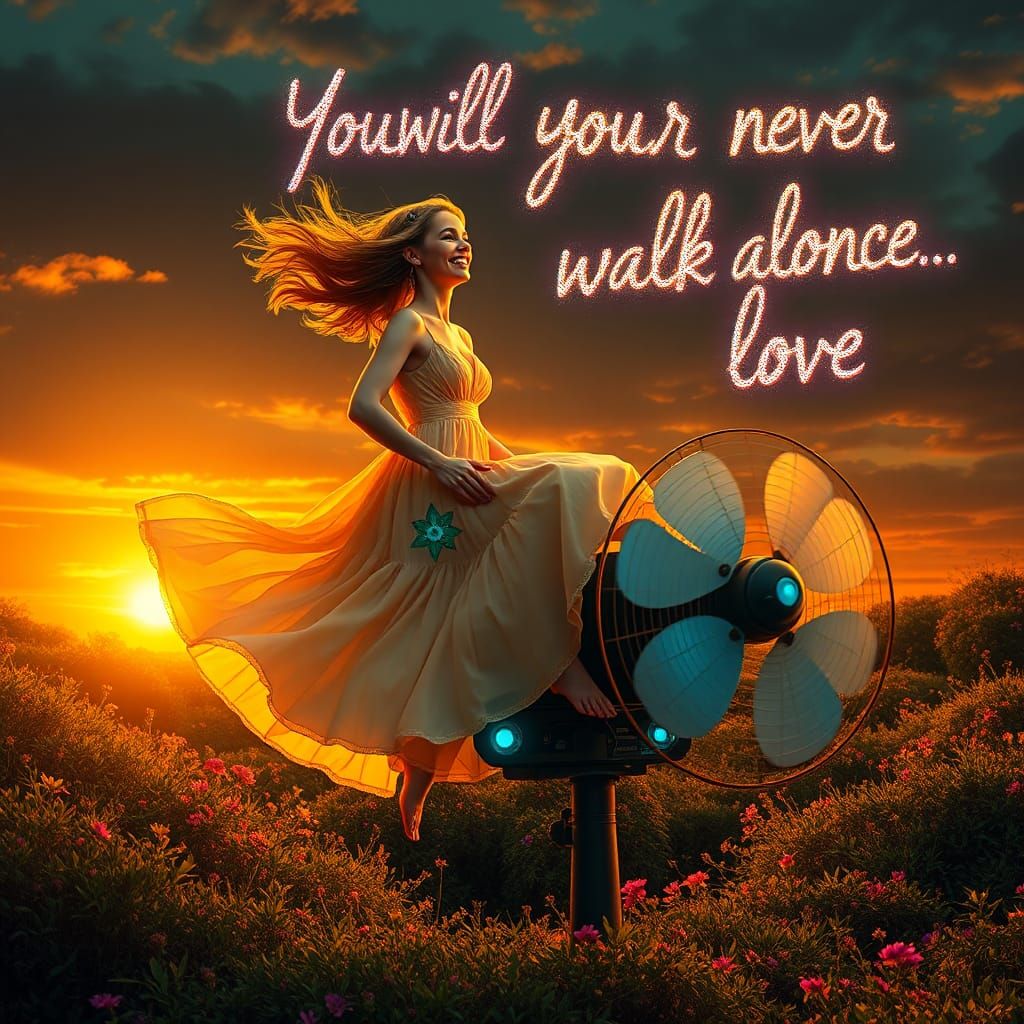 Woman on Fan in Surreal Landscape, Digital Art