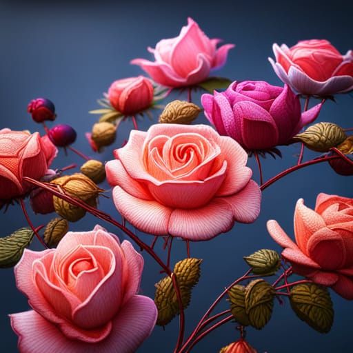 Colorful 3D Embossed Roses Embroidery in Detailed Matte Pain...
