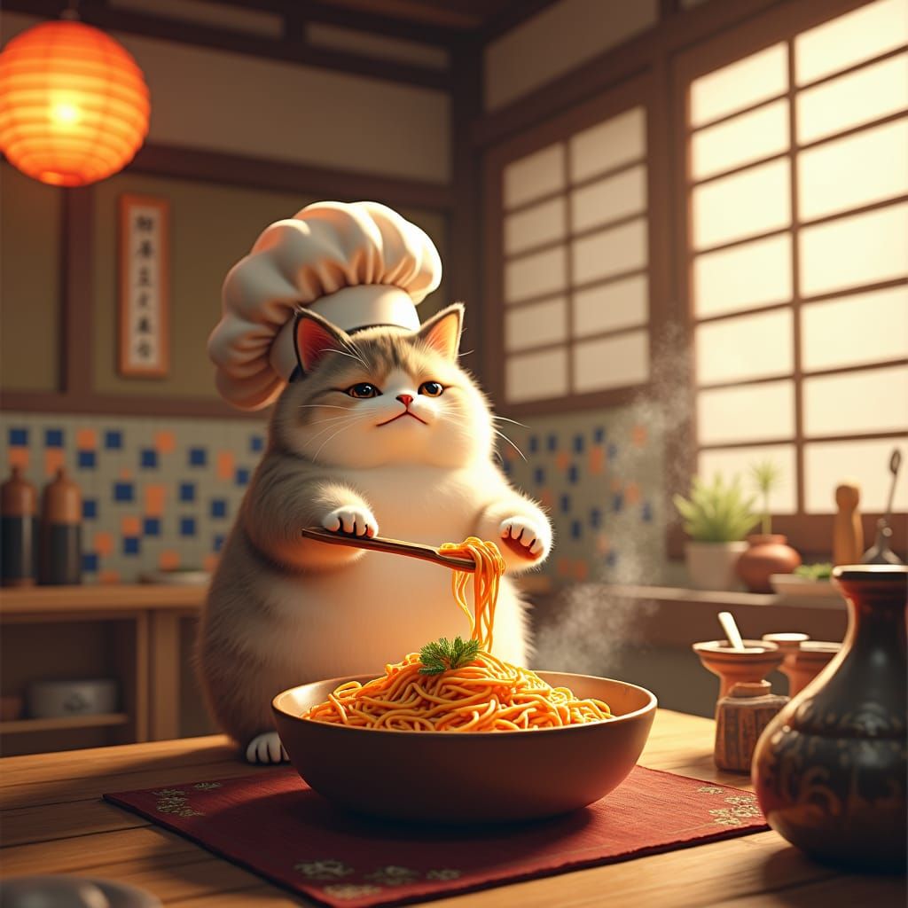 Cat Chef Cooks Pasta in Japanese Kitchen