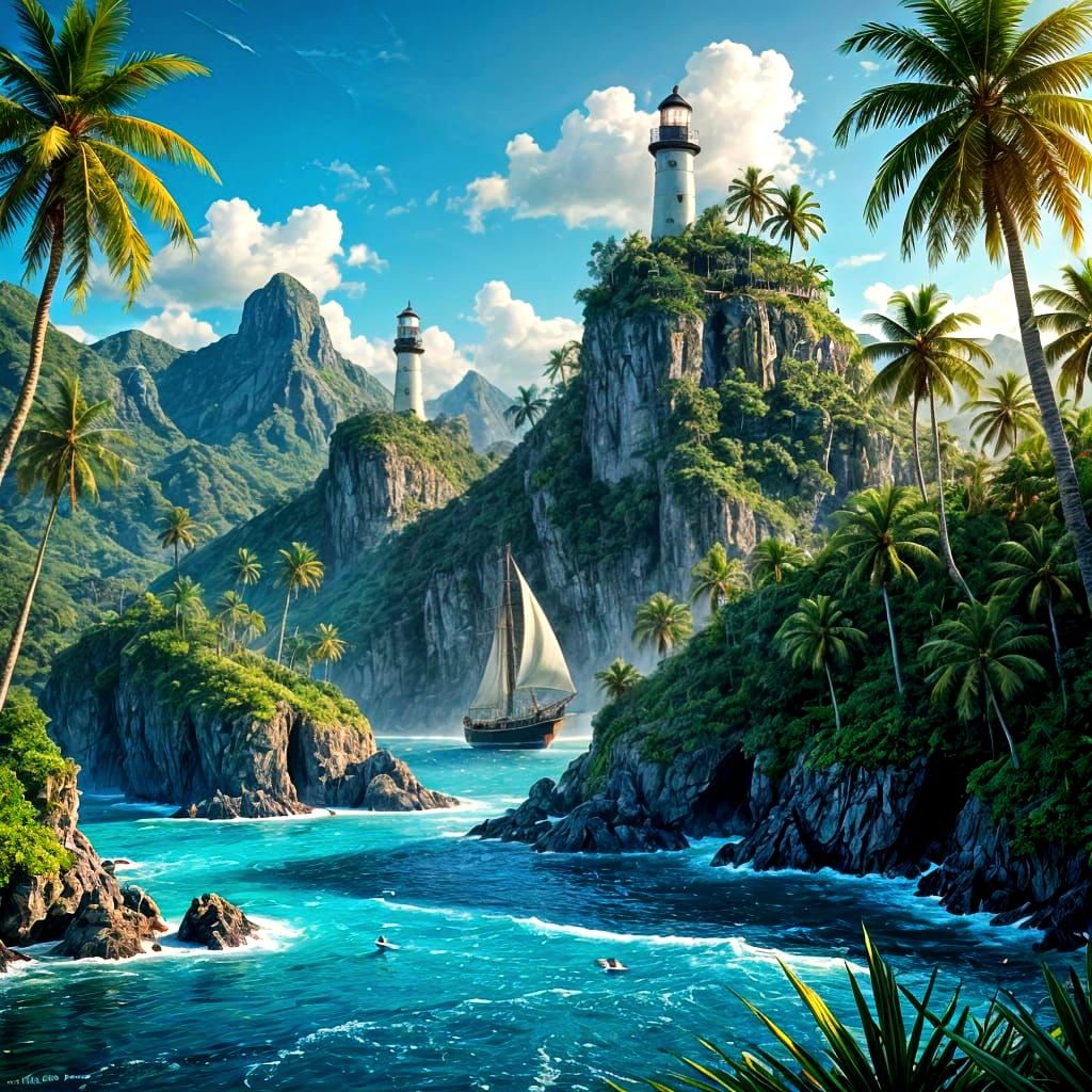 Tropical Lighthouse Amidst Lush Jungle and Mountains