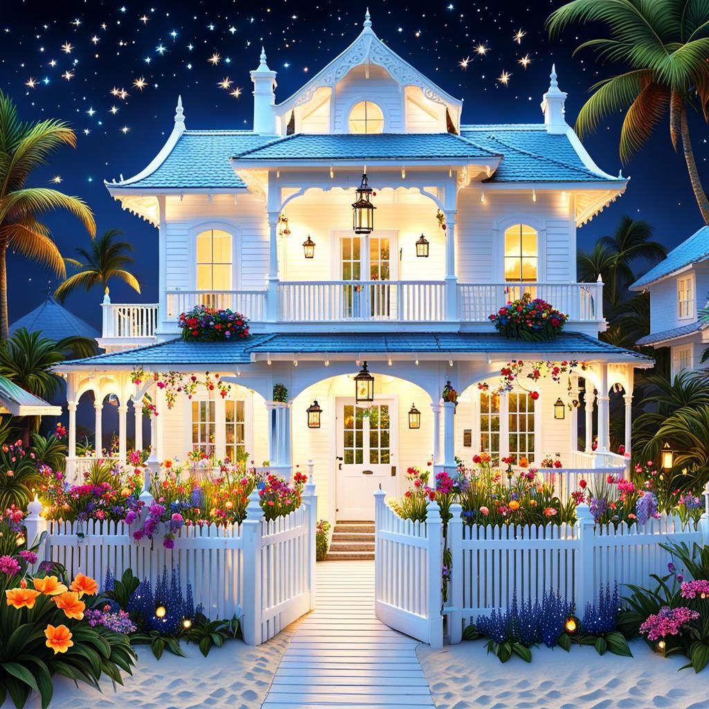 Enchanted Beach House at Night with Fairy Lights