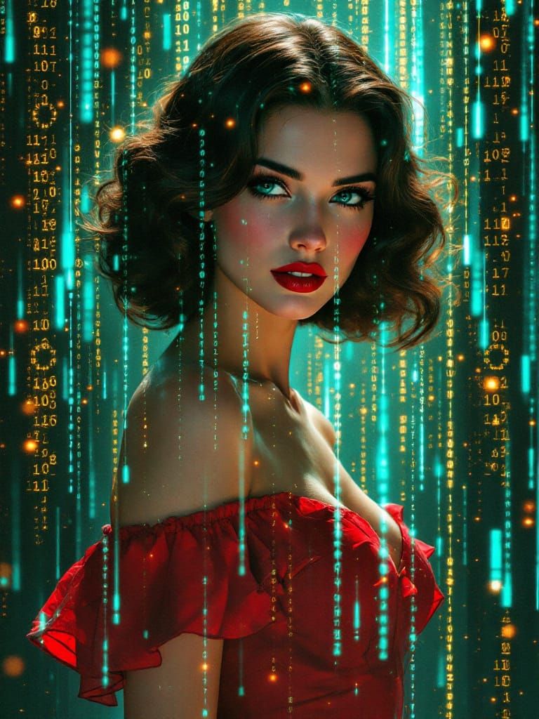 Cyberpunk Digital Rain Over Romantic Portrait
