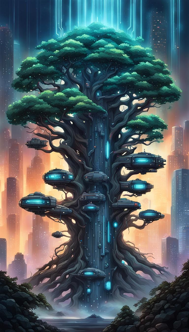 Cyberpunk Metal Tree with Nebula Foliage