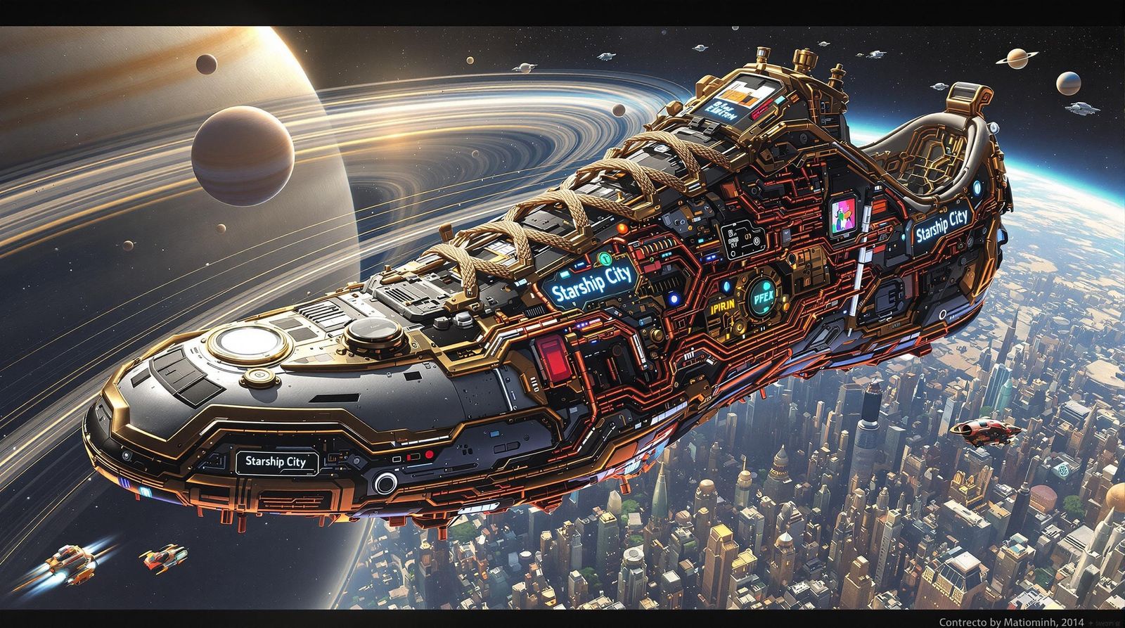 Cosmicpunk Steampunk Cityscape with Orbiting Sneaker Spacesh...
