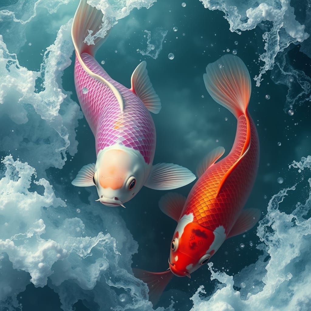 Dreamlike Koi Fish in Turbulent Water