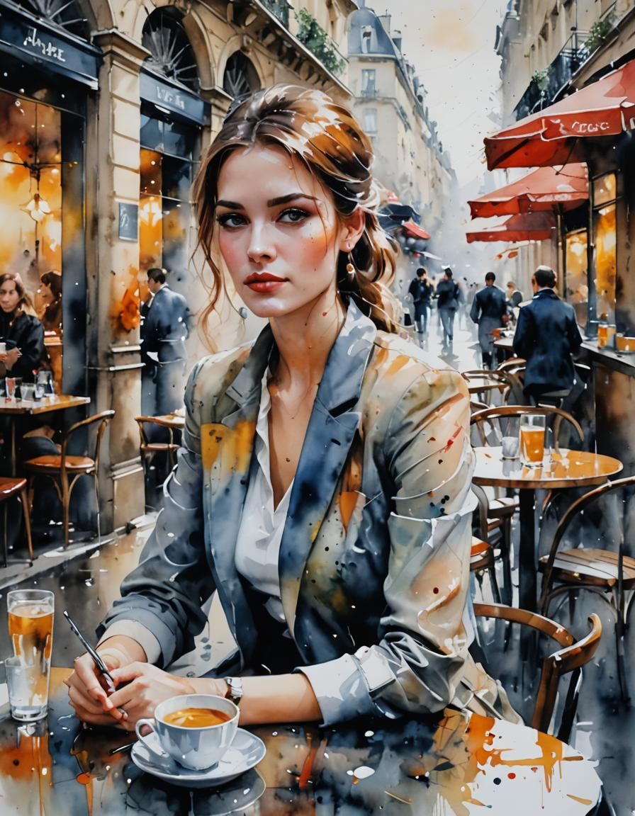 Parisian Cafe Watercolor Portrait in Surreal Style