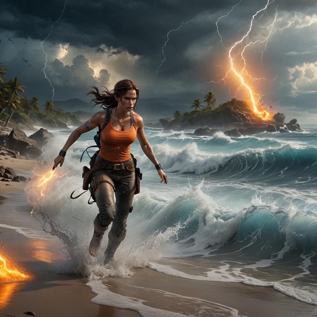 Lara Croft Running from Wave, Fantasy Matte Painting