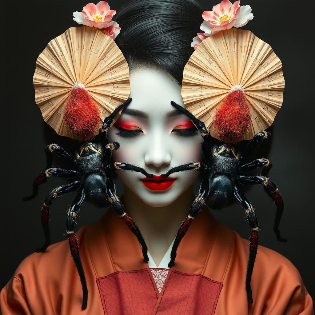 Elegant Geisha Portrait with Diamond Tarantulas in Yin-Yang...