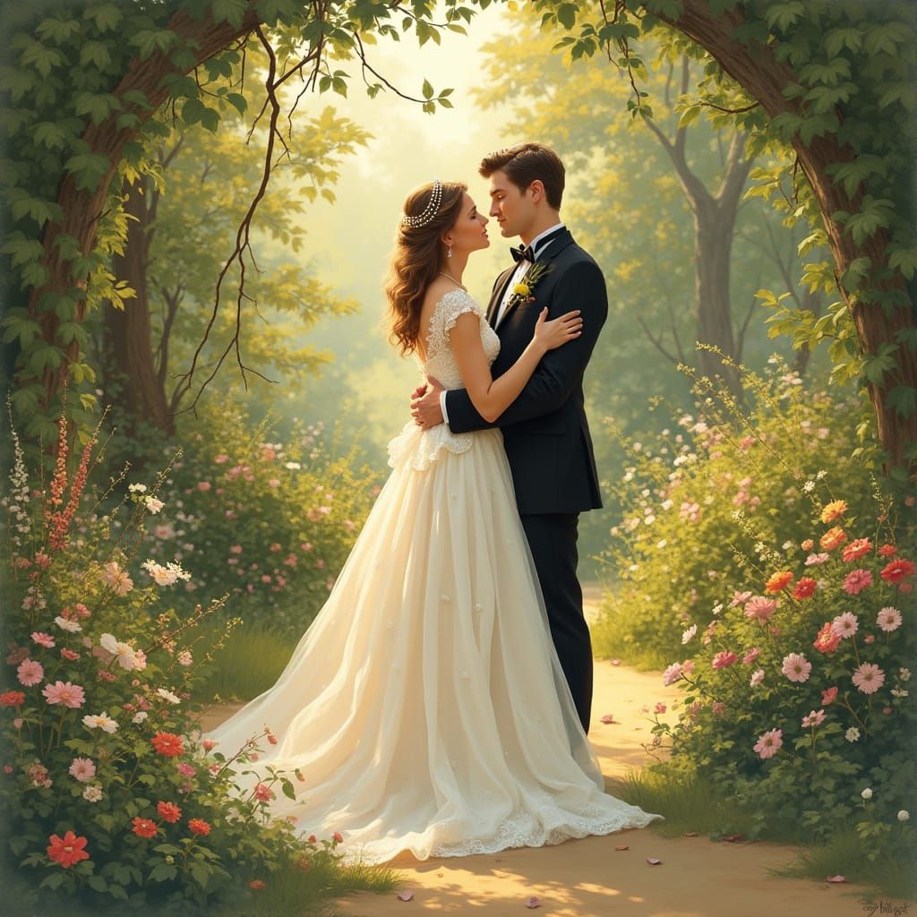 Elegant Whimsical Wedding Scene in Soft Golden Light