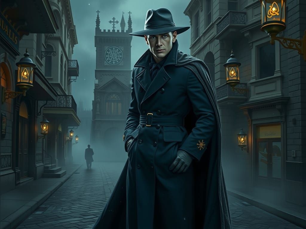 Hyper-Realistic Phantom Stranger in Midnight-Blue Trench Coa...