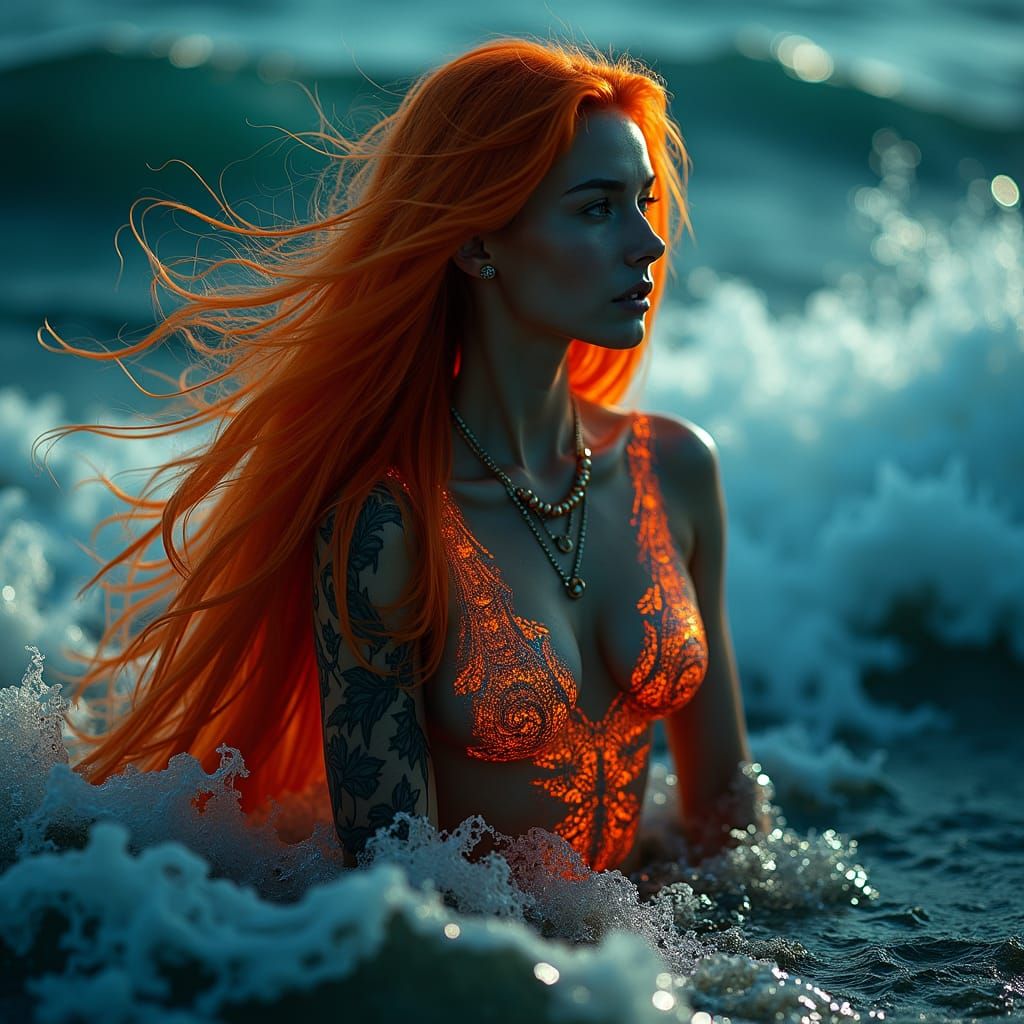 Siren with Fiery Hair and Glowing Tattoos