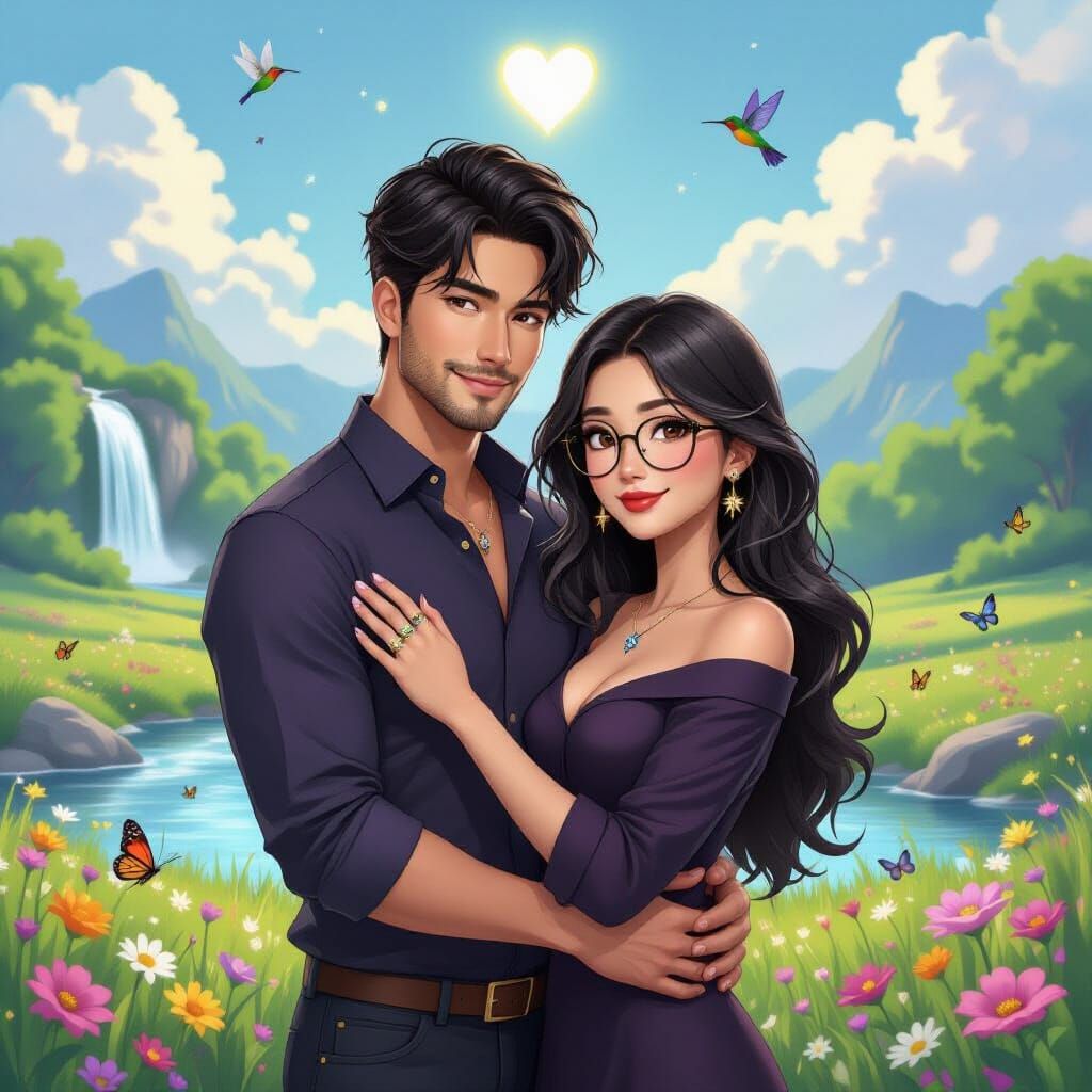 Romantic Embrace in Spring Meadow, Dreamy Art Style