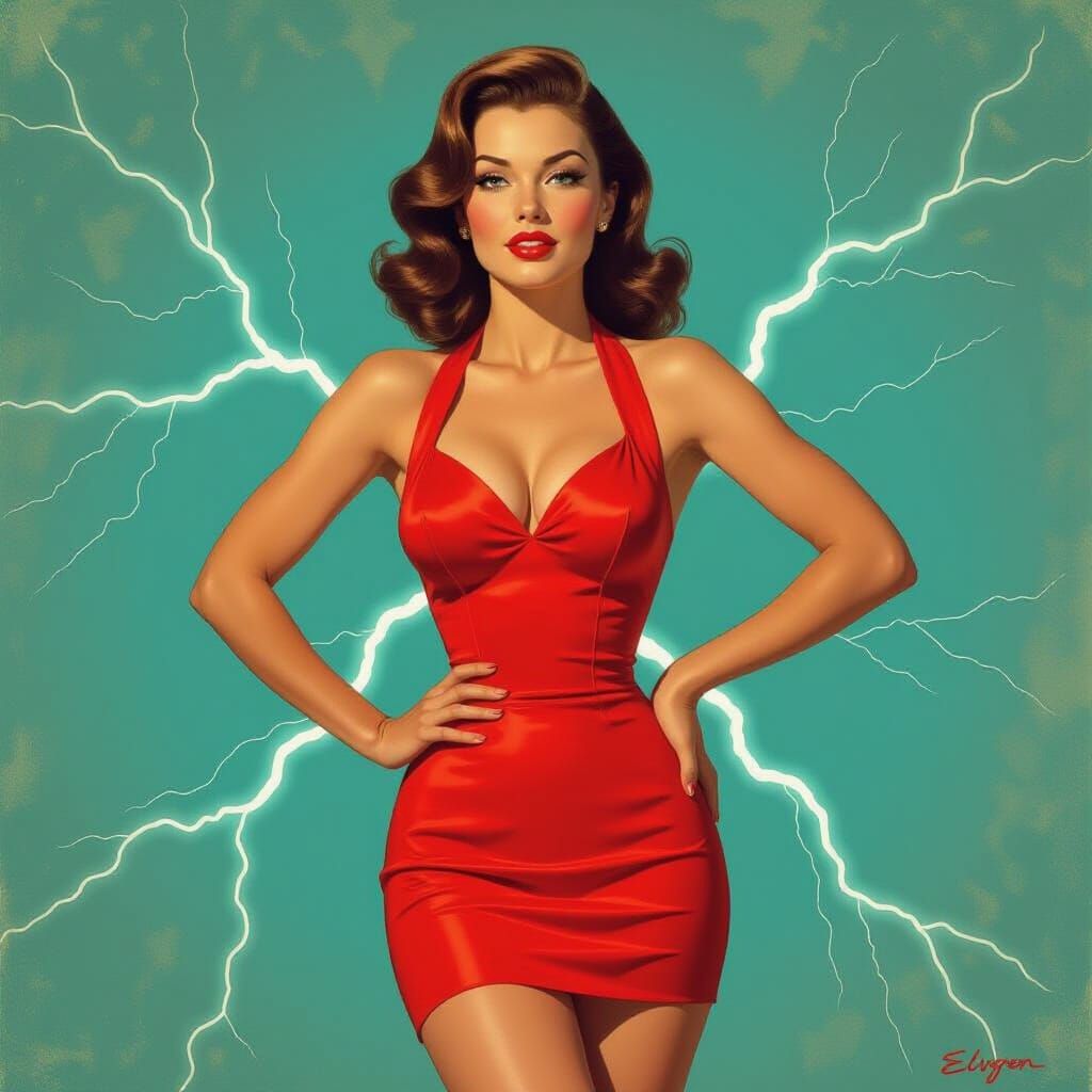 1950s Pin-Up with Lightning Overlay in Impressionistic Style
