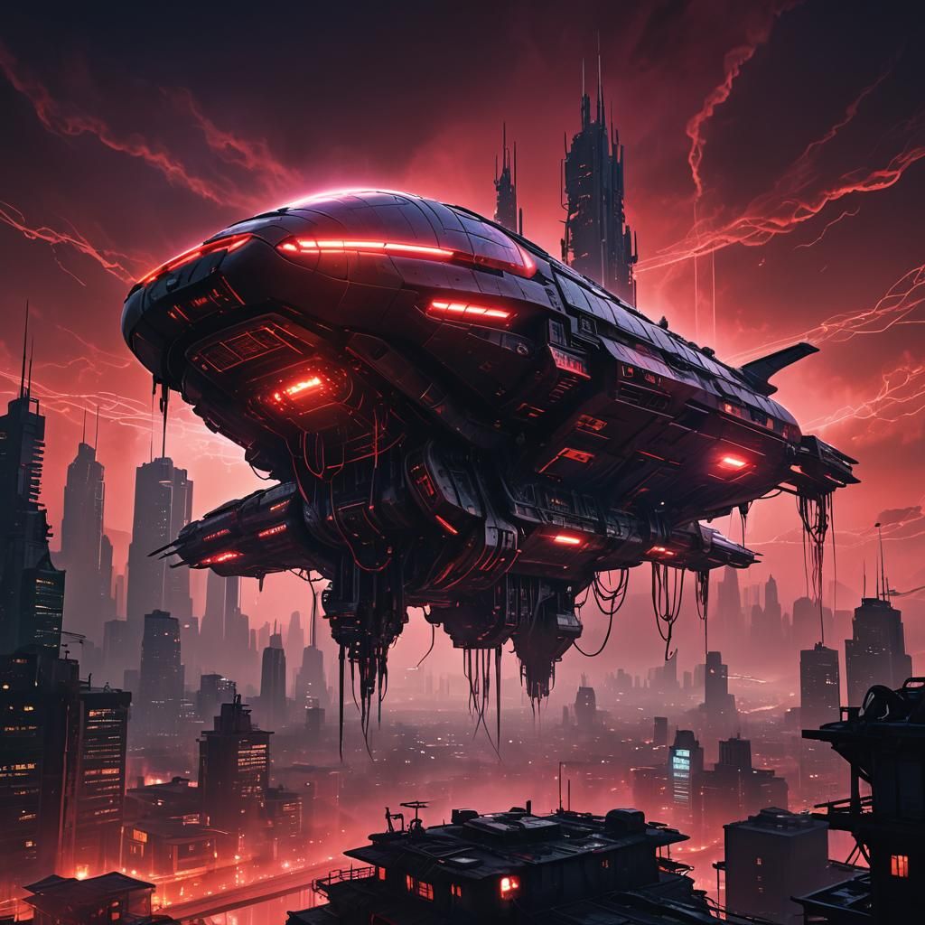 Living Metal Spaceship Over Post-Apocalyptic Cityscape