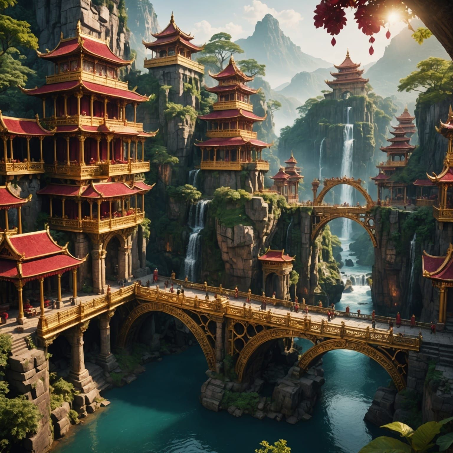 Golden Ruby Kingdom: Bridges, Waterfalls, and Structures