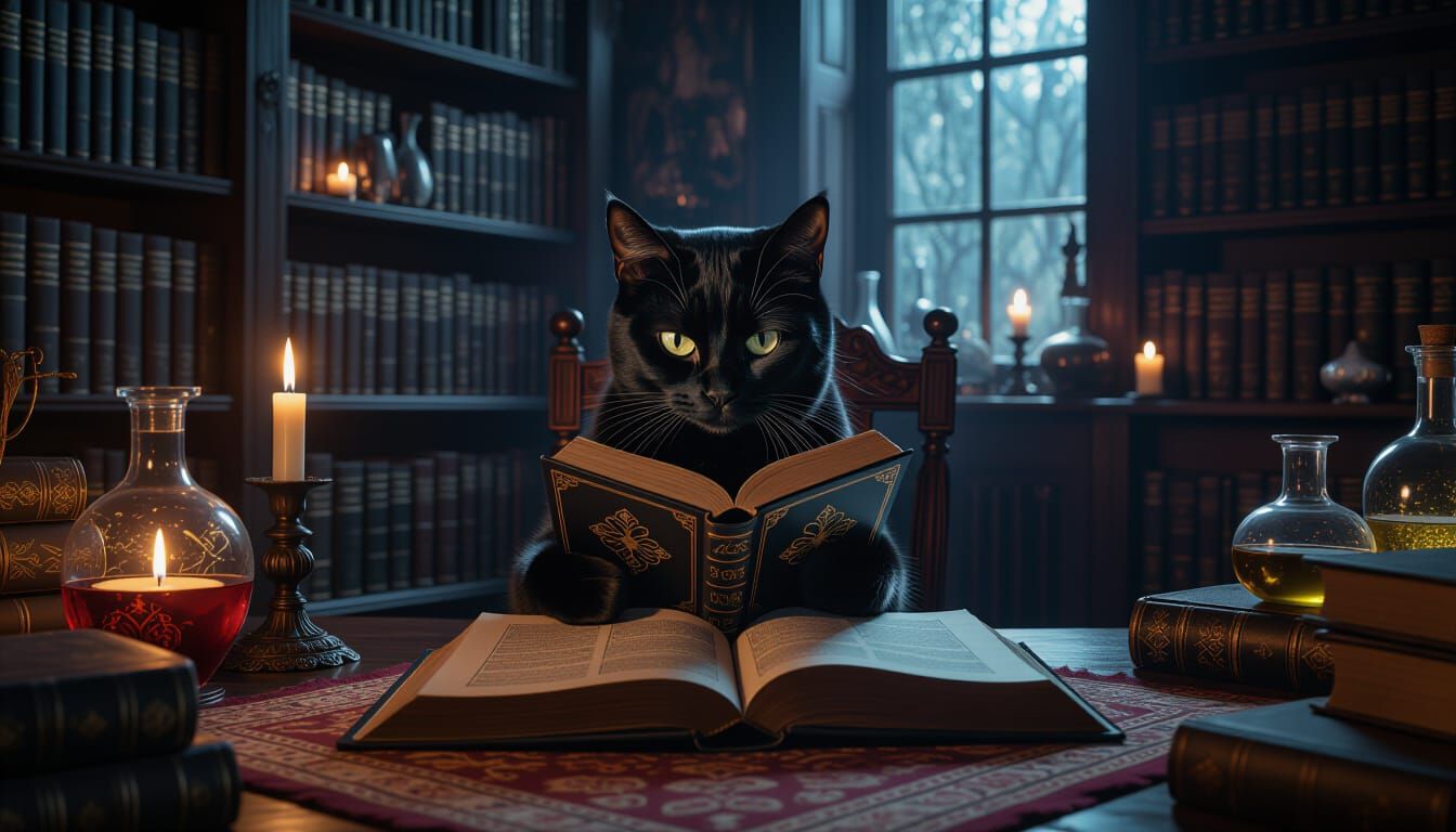 Mystical Black Cat Reads Spellbook in Witch's Room