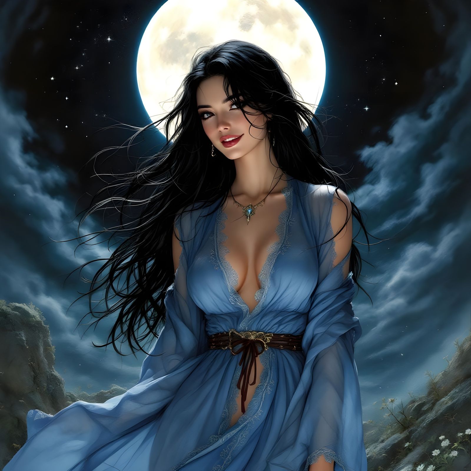 Moonlit Goddess with Long Black Hair