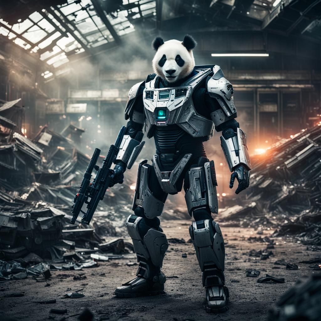 Futuristic Cyborg Panda Amidst Destruction