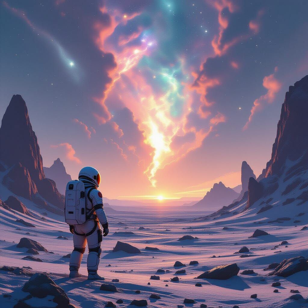 Astronaut Gazes at Iridescent Nebula on Alien Planet